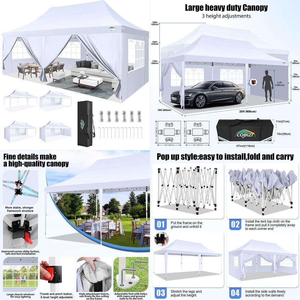 Gazebo Pop Up - Тент-шатер 10x20 футов с 6 боковыми